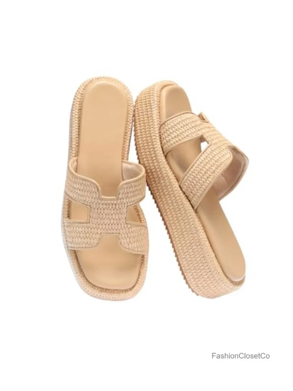 Woven Raffia Platform Slide Sandals Espadrille Wedges Slip-On Memory Foam